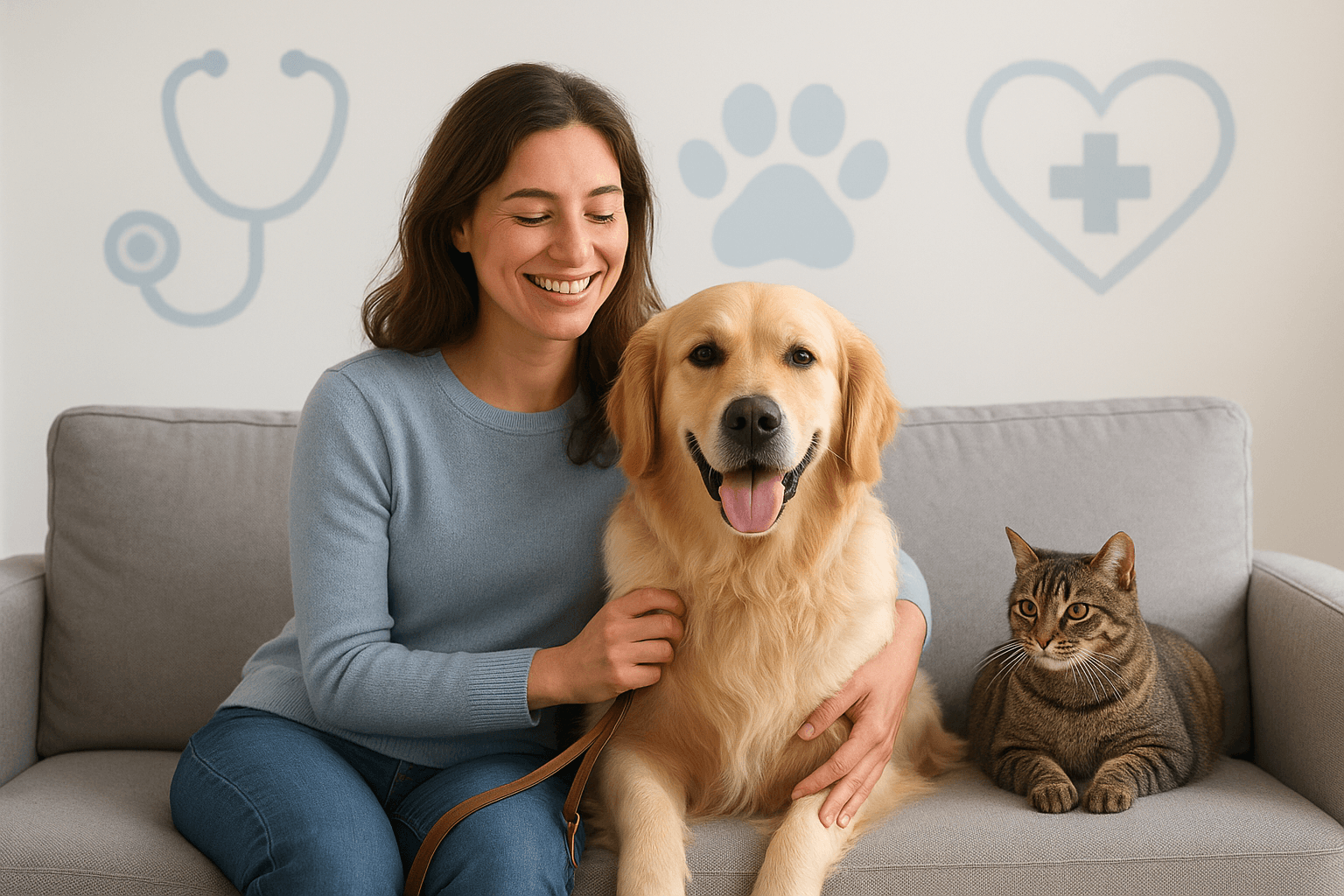 Happy pet owner with dog and cat