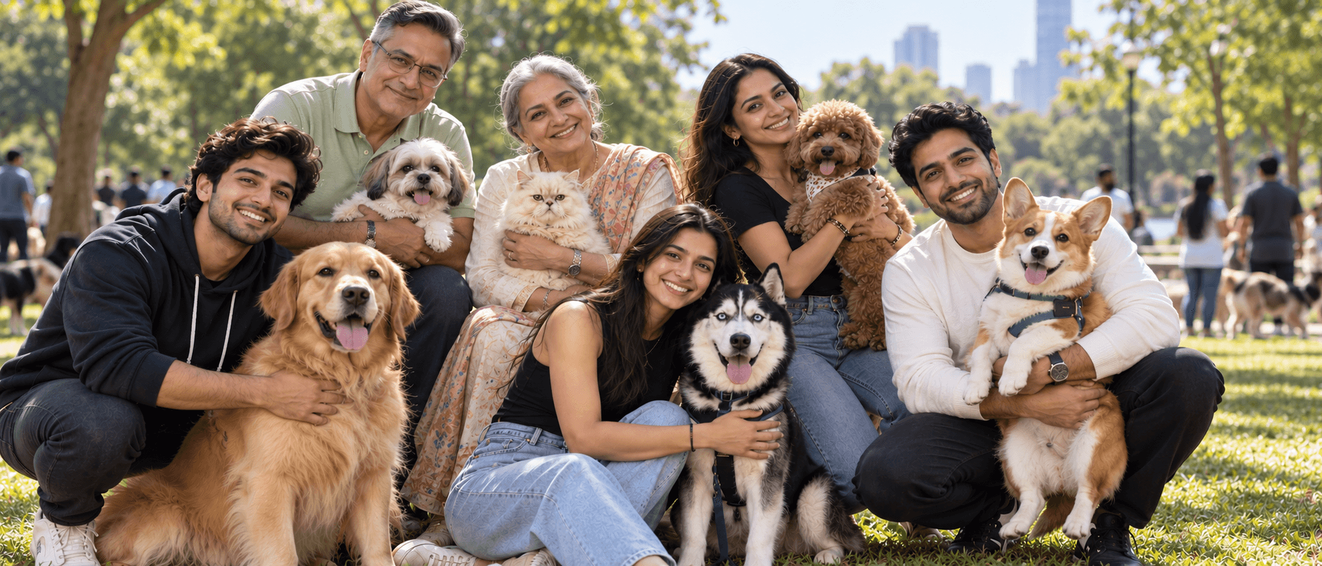 Community pet owners with happy dogs
