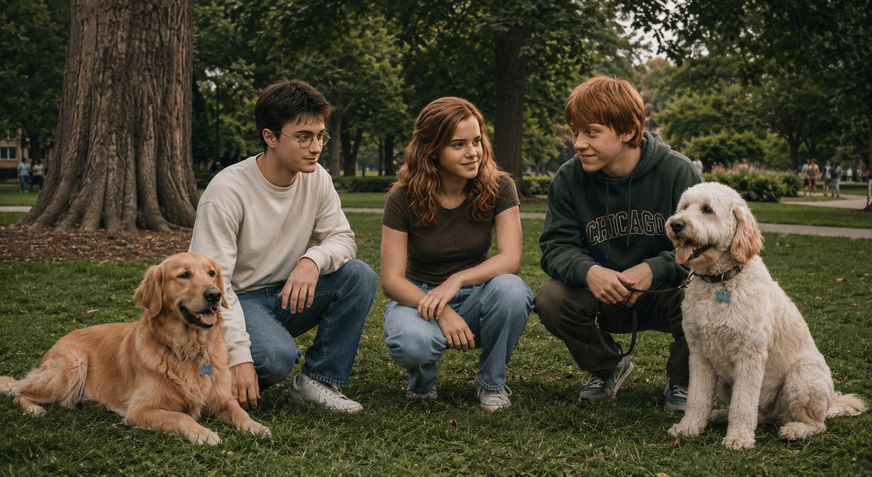 Community pet owners with happy dogs