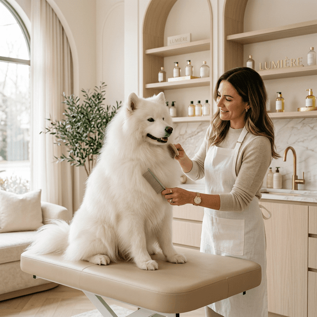 Professional grooming a fluffy white dog