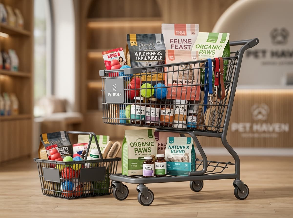 Shopping cart and basket filled with premium pet food and veterinary essentials