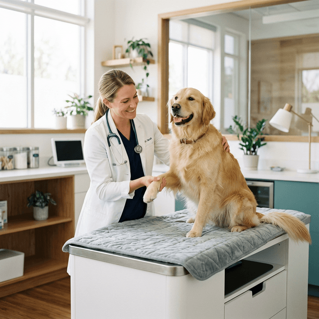 Veterinarian examining a golden retriever